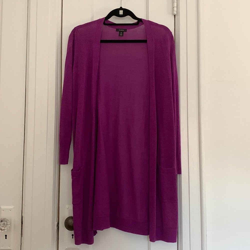 Halogen Long Linen Purple Cardigan, Size M Petite